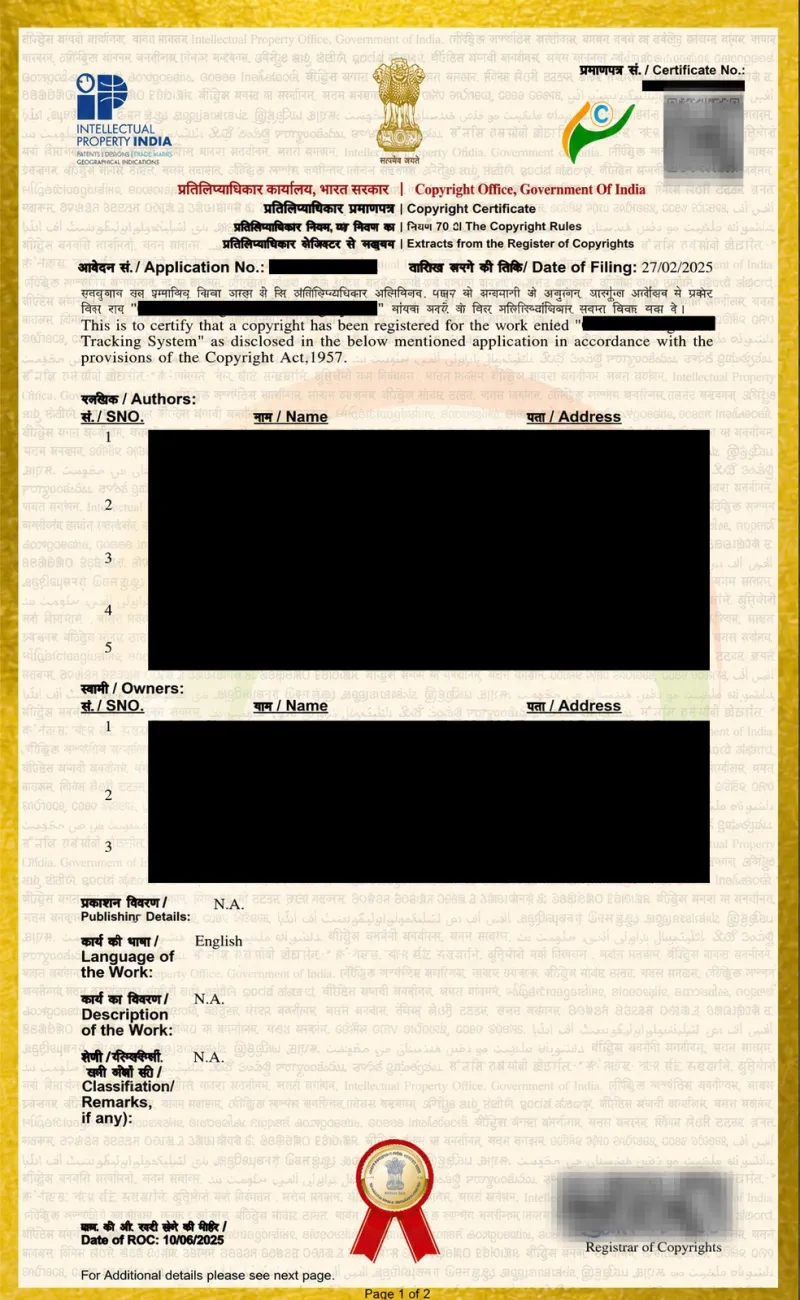 Government of India Copyright Certificate